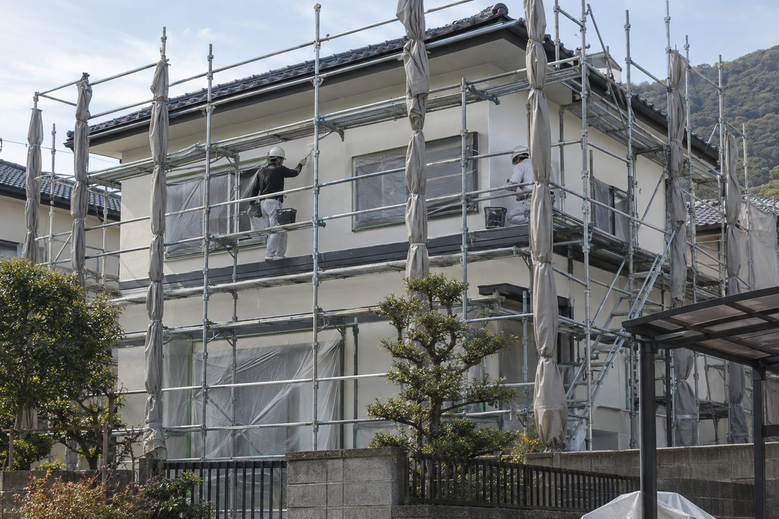 足場が組まれた建築現場で塗装工事を行う様子のデモ用イメージ