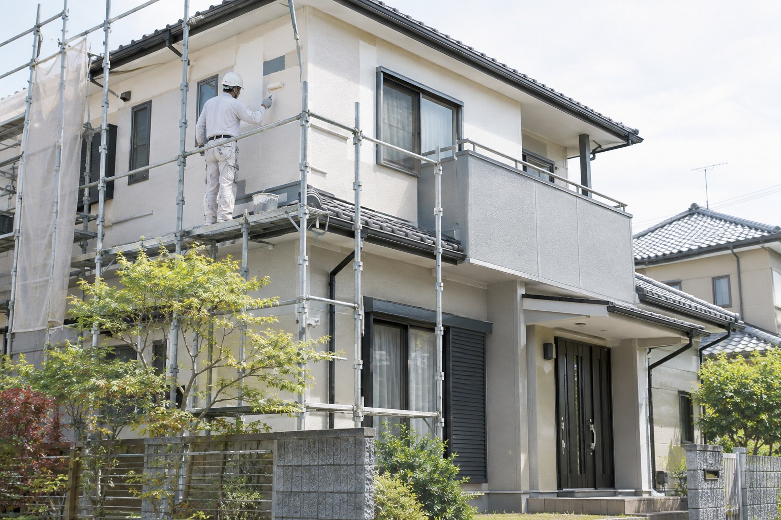 日本の戸建住宅で外壁塗装を行う様子のデモ用イメージ