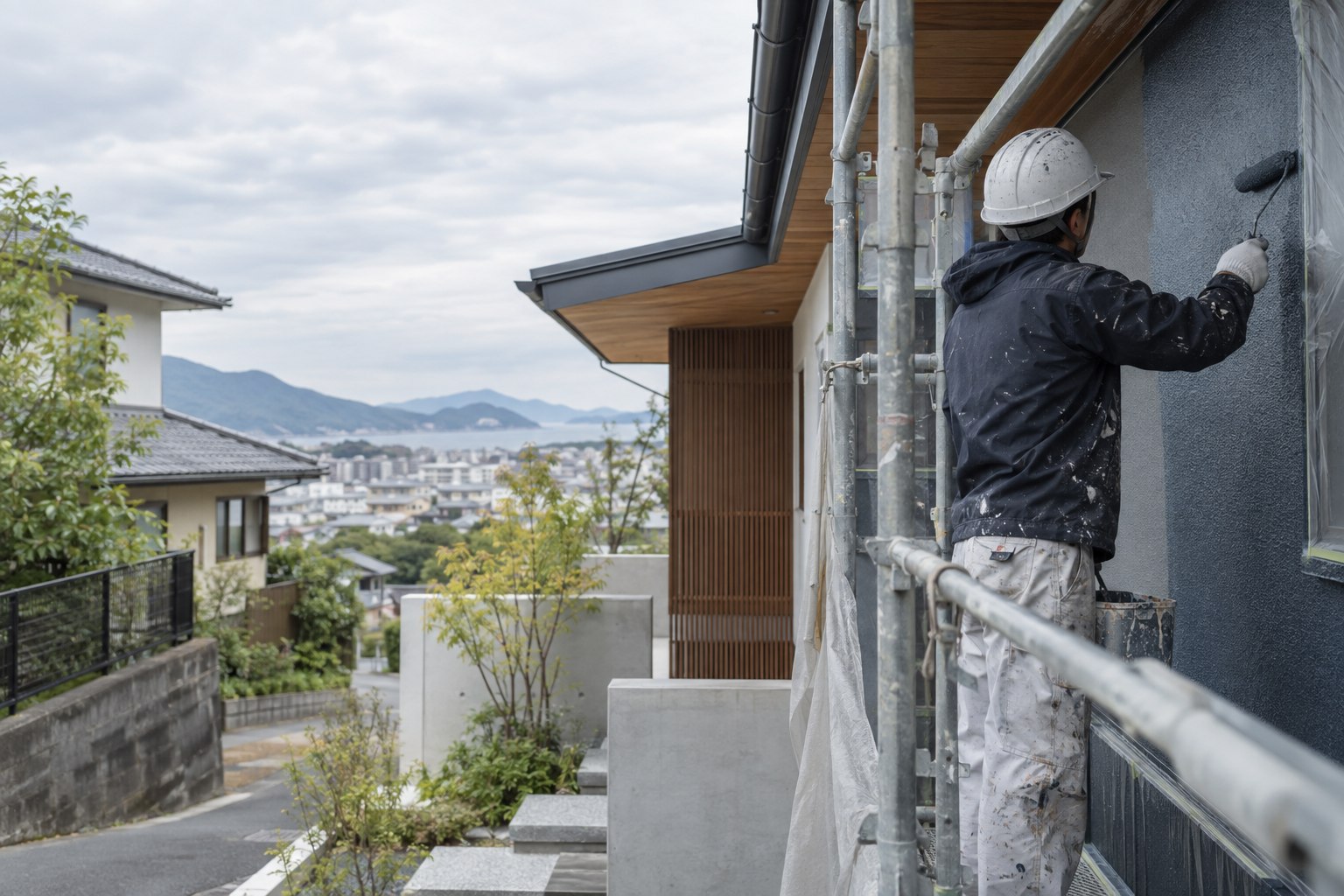 日本の戸建住宅の外壁を施工する塗装職人のデモ用イメージ